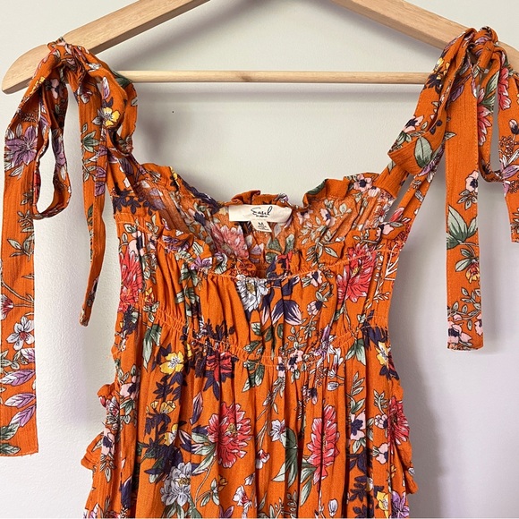 Easel Dress Size Medium Orange Floral Sundress Tie Straps Flowy Boho - Picture 2 of 11